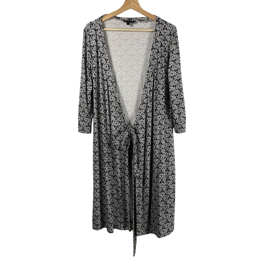 Felicity & Coco Womens Geometric Tie Front Duster Cardigan Black White Sz S